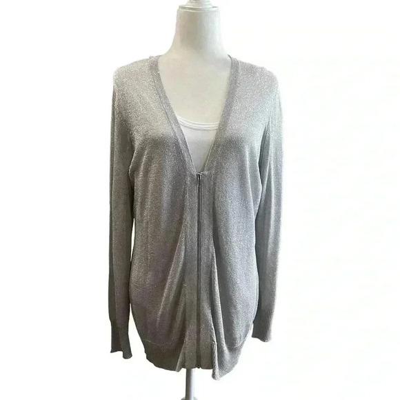 Cache Sweaters - Cach’e Metallic Silver Zip Cardigan Size XL